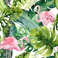 Tropical isolated seamless pattern with flamingo. Watercolor tropic drawing, rose bird and greenery palm tree, tropic Royalty Free Stock Photo