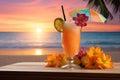 Tropical juice cocktail glass on table against sea sunset. Generative AI Royalty Free Stock Photo