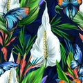 Tropical and jungle dark summer seamless pattern with colorful palm, leaves, flower, butterfly, exotic wild and plants