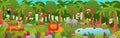 Tropical jungle forest landscape with cute animals, web banner with lion, flamingos and tiger laying on wood trunk Royalty Free Stock Photo