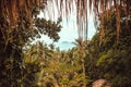 Tropical jungle forest and ocean with small island in perspective. Beautiful view from lush green trees Royalty Free Stock Photo