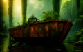 Tropical Jungle Forest And An Old Rusty Military Boat . Generative Al Illustration