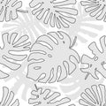 Tropical jungle monstera leaves vector seamless black and white pattern