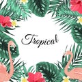 Tropical jungle palm leaves flamingo flowers frame Royalty Free Stock Photo