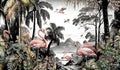 Tropical Jungle Palms Bananas And Colorful Tropical Birds With Flamingos Old Vintage Drawing
