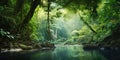 Tropical Jungle River Scene With Sun Rays. Rainforest Stream. Green Vegetation. Generative AI Royalty Free Stock Photo