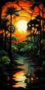 Tropical Jungle At Sunset: A Vibrant Chromatic Landscape Inspired By Cristina Mcallister