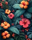 Tropical Jungle with Vibrant Flowers Exotic Foliage Background, Generative Ai