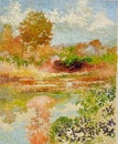 Tropical lake reflection impressionism oil acrylic painting