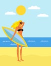 Tropical landscape with beach , sea and girl in bikini . Summer background with sea, beach, surfboard.