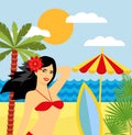 Tropical landscape with beach , sea, palm trees and girl in bikini . Summer background with sea, palm trees, beach umbrella, surfb