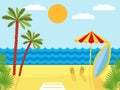 Tropical landscape with beach , sea and palm trees. Summer background with sea, palm trees, beach umbrella, surfboard