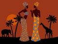 Tropical landscape. Beautiful black woman. African savannah