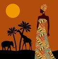 Tropical landscape. Beautiful black woman. African savannah