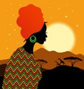 Tropical landscape. Beautiful black woman in turban. African savannah card with sunset.