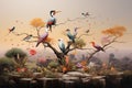 Tropical landscape with birds on the tree. 3d rendering, serene African savannah perched on a cliff, with a spectacular array of Royalty Free Stock Photo