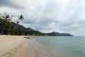 Tropical landscape with blue sea, sandy beach, palm trees and cloudy sky in a stormy weather. Royalty Free Stock Photo