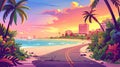 Tropical landscape with buildings in resort city at sunset. Summer cityscape with empty road and rescue tower on