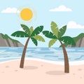 Tropical landscape of coast beautiful sea shore beach and palm trees on good sunny day. Vector illustration in flat Royalty Free Stock Photo