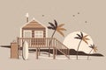 Tropical landscape with a house with a terrace, a surfboard, palm trees, sun at sunset on the seashore. Flat illustration Royalty Free Stock Photo