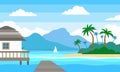 Tropical landscape with island sea bungalow wooden pier