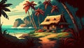 Tropical landscape with a lonely house near the ocean at sunset and palm trees. Royalty Free Stock Photo