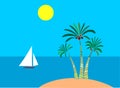 Tropical landscape. Palm trees on a background of the sea. Ship with a white sail. Royalty Free Stock Photo