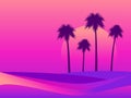 Tropical landscape with palm trees on a background of sea sunset. Colorful gradients in the style of the 80s. Retro futuristic Royalty Free Stock Photo