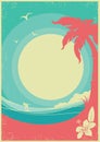 Tropical landscape with palms and sea waves.Vector paradise retro poster background Royalty Free Stock Photo