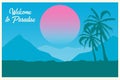 Tropical landscape. Postcard. Welcome to paradise. Summer background. Palm trees silhouette. Vector illustration