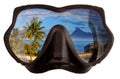 The tropical landscape is reflected in mask glasses for a snorkeling (diving) Royalty Free Stock Photo