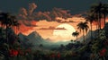 Tropical Island Sunset: Watercolor Jungle Landscape In Dan Mumford Style