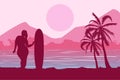 Tropical landscape. Sea landscape. Summer background. Girl with surfing board. Flat style illustration. Palm trees silhouette.