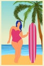 Tropical landscape. Sea landscape Summer background Girl with surfing board Flat style illustration. Palm trees. Vector