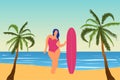 Tropical landscape. Sea landscape. Summer background. Girl with surfing board. Flat style illustration. Palm trees. Vector