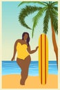 Tropical landscape. Sea landscape Summer background Girl with surfing board Flat style illustration. Palm trees. Vector