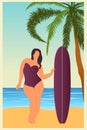 Tropical landscape. Sea landscape Summer background Girl with surfing board Flat style illustration. Palm trees. Vector