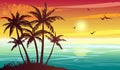 Tropical landscape with sea, sunset and silhouettes of palm trees. Abstract landscape. Tropical island. Royalty Free Stock Photo