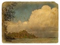 Tropical landscape, Seychelles.. Old postcard. Royalty Free Stock Photo
