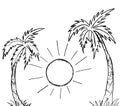Tropical landscape with sun between palm trees