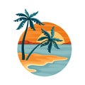 Tropical Landscape with Sundown and Sandy Beach with Palm Tree in Circle Closeup Vector Illustration