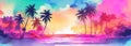 Tropical landscape at sunset with palm trees. Abstract landscape. Tropical paradise island. Summer vacation or holiday concept