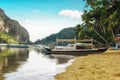 Tropical landscape with traditional boats of the Philippines. boats standing at the shore of Elnido, the island of Palawan Royalty Free Stock Photo