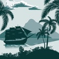 Tropical landscape, view from the shore with palm trees and plants, sailing ship, mountains in the distance. Royalty Free Stock Photo