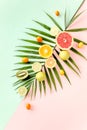 Tropical layout made of green palm leaf and fruits on colorful background. Food concept. flat lay, top view Royalty Free Stock Photo