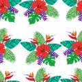 Tropical leaf palm, flower hibiscus, bird of paradise seamless p