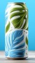 Tropical Leaf Pattern Drink Can Design, Refreshing Beverage Container with Unique Artistic Flair Royalty Free Stock Photo