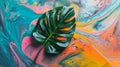 Tropical Leaf on Psychedelic Swirl - Vibrant Artistic Background