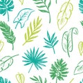 Tropical leaf seamless pattern background. Hand drawn crayon brush abstract green tropic leaves seamless pattern. Floral Royalty Free Stock Photo