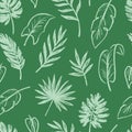 Tropical leaf seamless pattern background. Hand drawn crayon brush abstract green tropic leaves seamless pattern. Floral